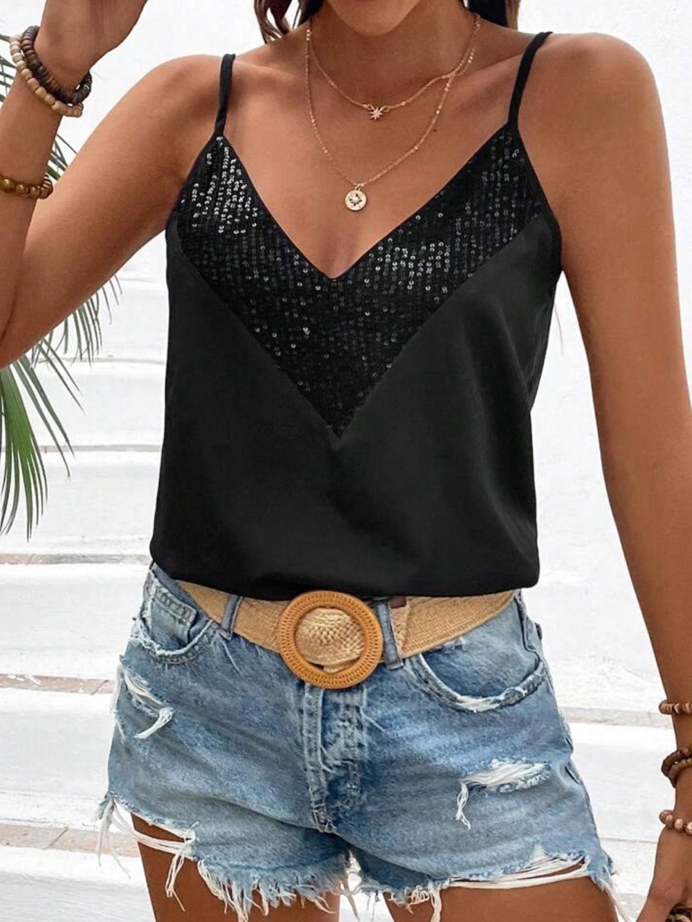 Black Sequin-Trim Spaghetti Strap Cami